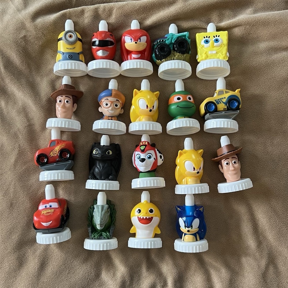Good2Grow Juice Bottle Toppers Lot 19 Disney Sonic Cars SpongeBob Paw Patrol